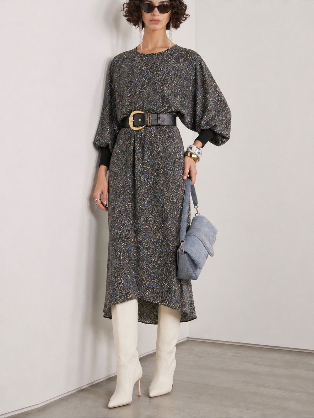Vintage 80s Dominato Dolman Sleeve Dress Black White terrazo Pattern Small